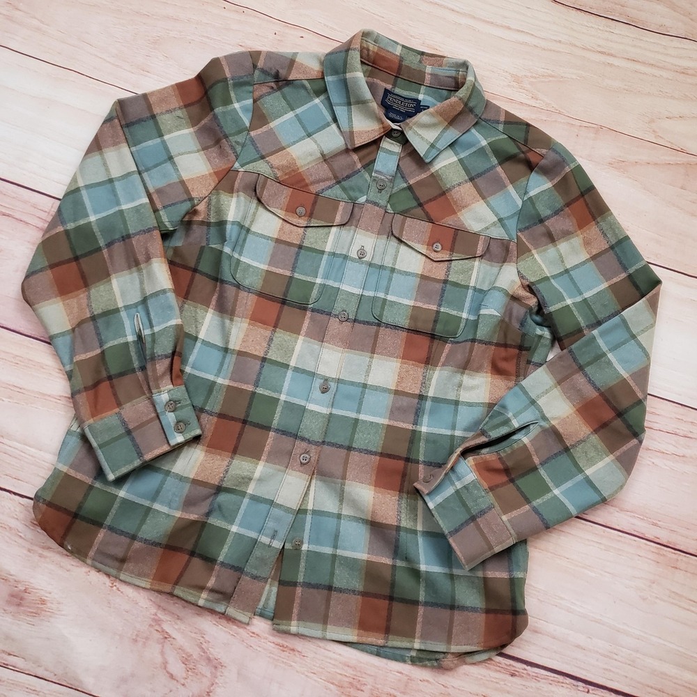 Pendleton Shirt Womens Petite Large Green Brown Plaid Wool Button Up Long Sleeve - Picture 2 of 14
